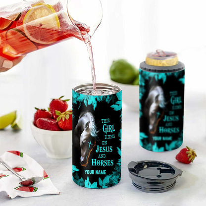 This Girl Runs On Jesus And Horse - Personalized Horse Can Cooler