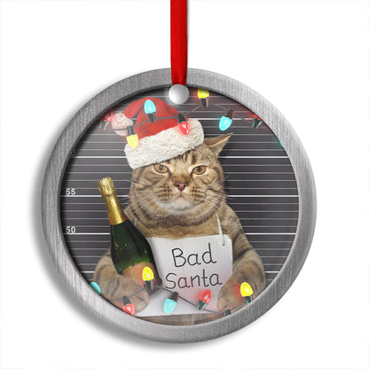 Christmas Cat Bad Santa Champagne And Santa Hat - Cat Ornament (Printed On Both Sides) 1022