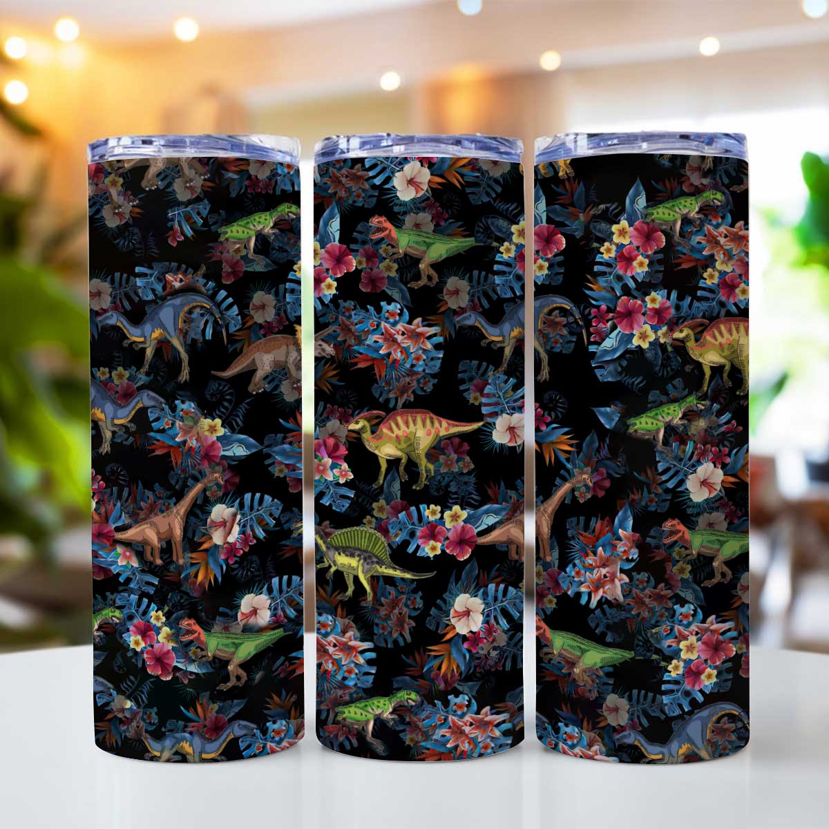 Tropical Dinosaurs Pattern - Dinosaur Skinny Tumbler