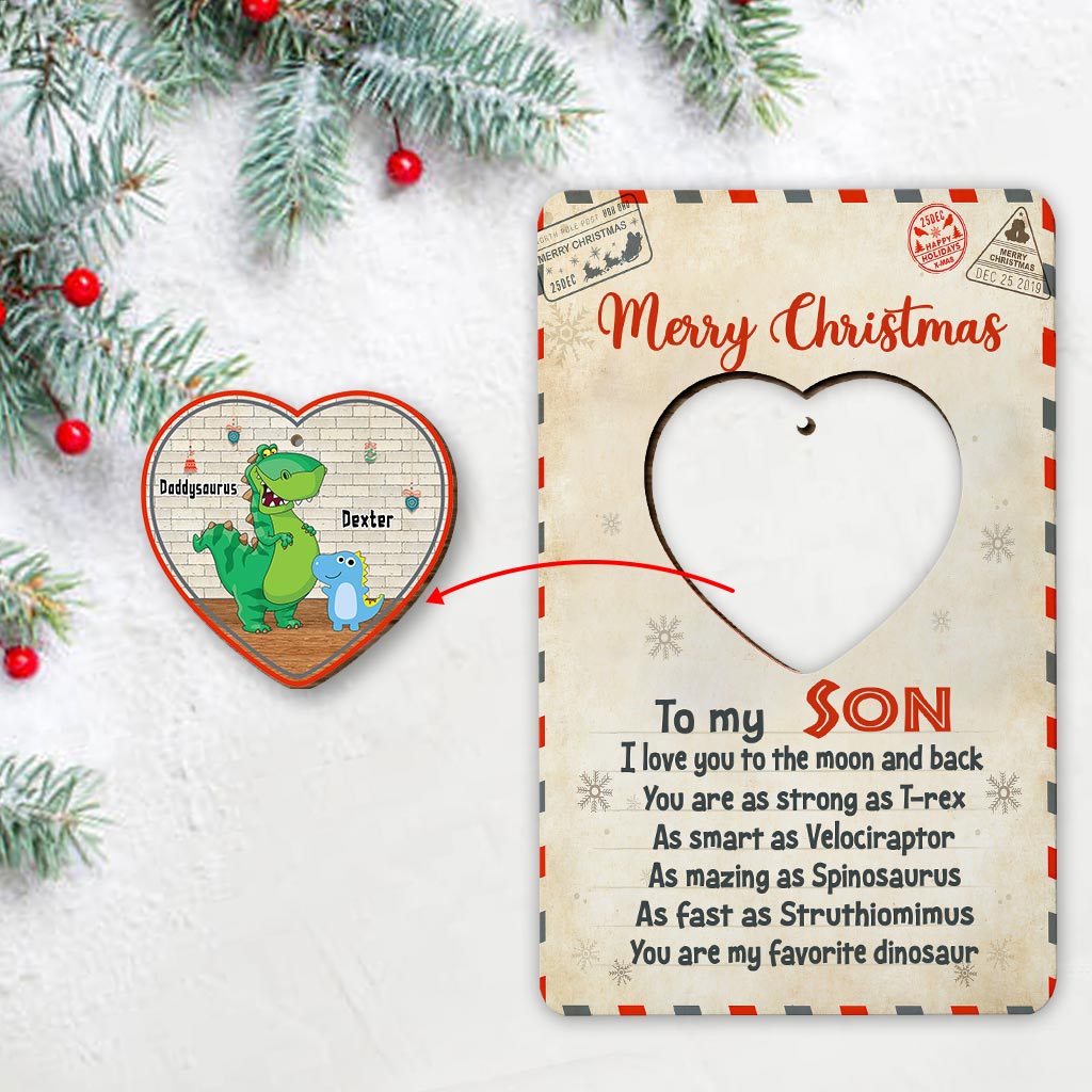 To My Son - Personalized Christmas Dinosaur Wooden Card Pop Out Ornament