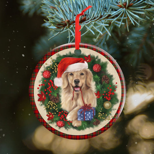 Golden Retriever Red Christmas Wreath Golden - Retriever Ornament (Printed On Both Sides) 1122