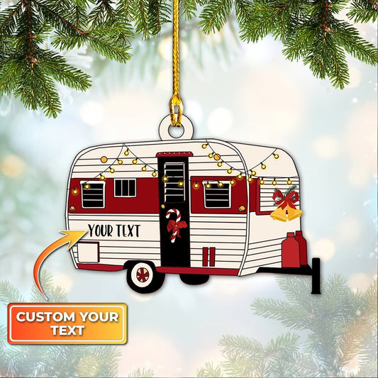 Red Camping Car Christmas Decor - Personalized Camping Ornament (Printed On Both Sides) 1022